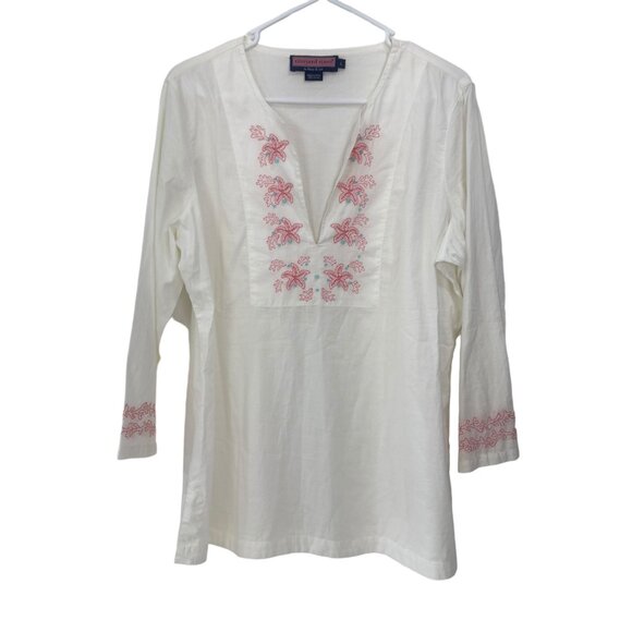 Vineyard Vines Women Ivory Embroidered Tunic Top-3/4 Sleeve SZ Large Soft Cotton - Picture 12 of 13